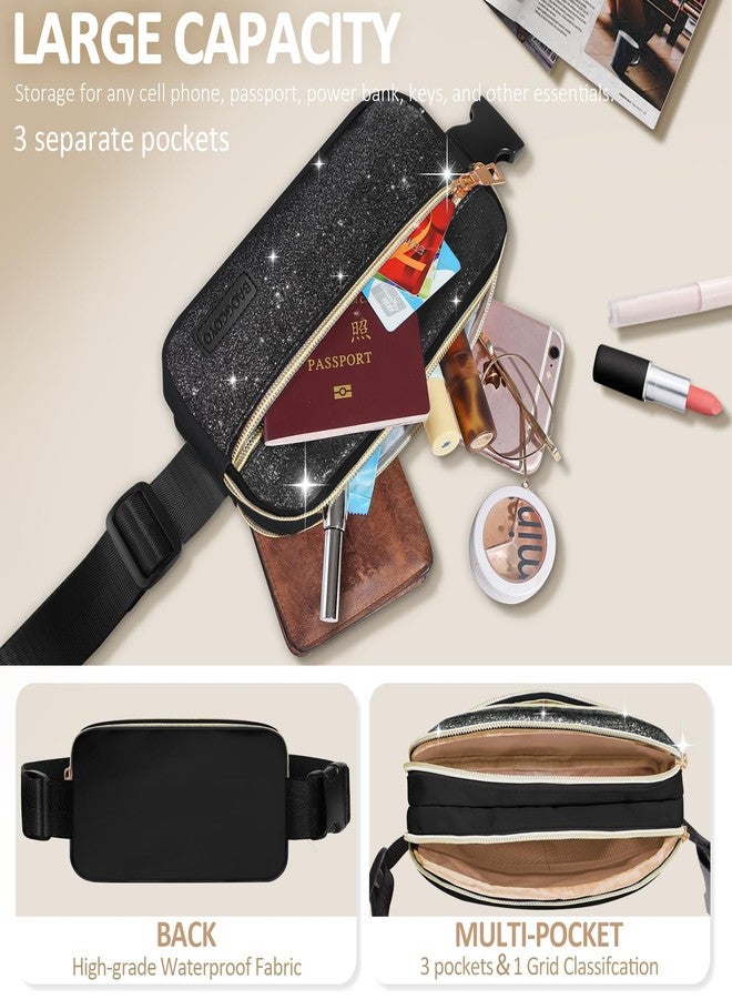 BAOGCOYO Fanny Packs for Women Men Mini Fashion Glitter Waist Packs with Adjustable Strap and 3 Zipper Pockets Everywhere Crossbody Belt Bag for Outdoors Running Travelling (Black Bling Sparkle) - Image 3